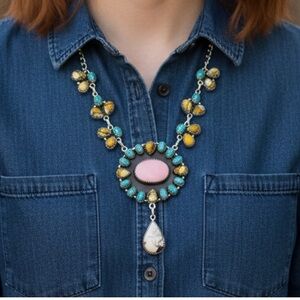 Honey Dahlia Turquoise, Kingman Turquoise & Conch Solid Sterling Silver Necklace